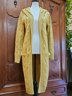 Cardigan Long Open-Front Hooded Cable Knit Cardigan - Mustard Yellow Size Small